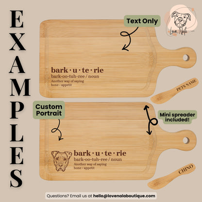 A graphic showing two engraved wooden boards on a beige background, with a dictionary style design for 'barkuterie boards'. The top one is text only, and the bottom one includes a custom pet portrait engraved. Text callouts reading 'Text Only,' 'Custom Portrait,' and 'Mini spreader included!'. A small dog portrait logo appears in the top right, and both options feature a mini wooden spreader with pets name engraved. 