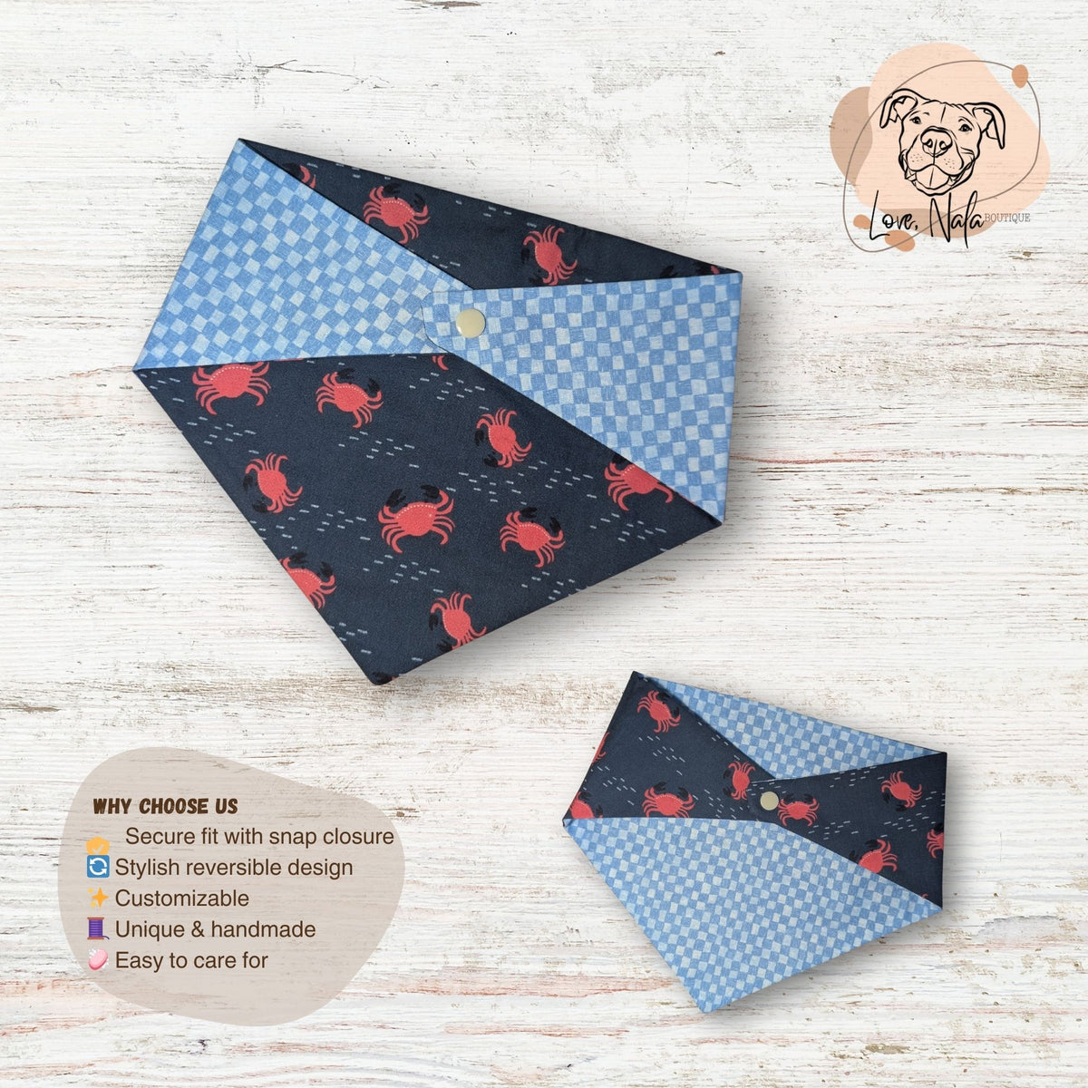 Two patterned bandanas on a wooden surface with a dog logo in the corner. The pattern in ocean crabs and a coordinating blue checker print fabric