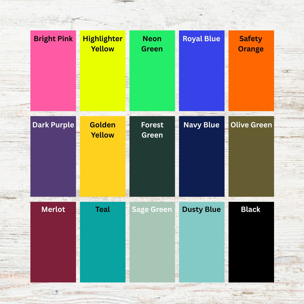 Grid of biothane color swatches with labels on a wooden surface