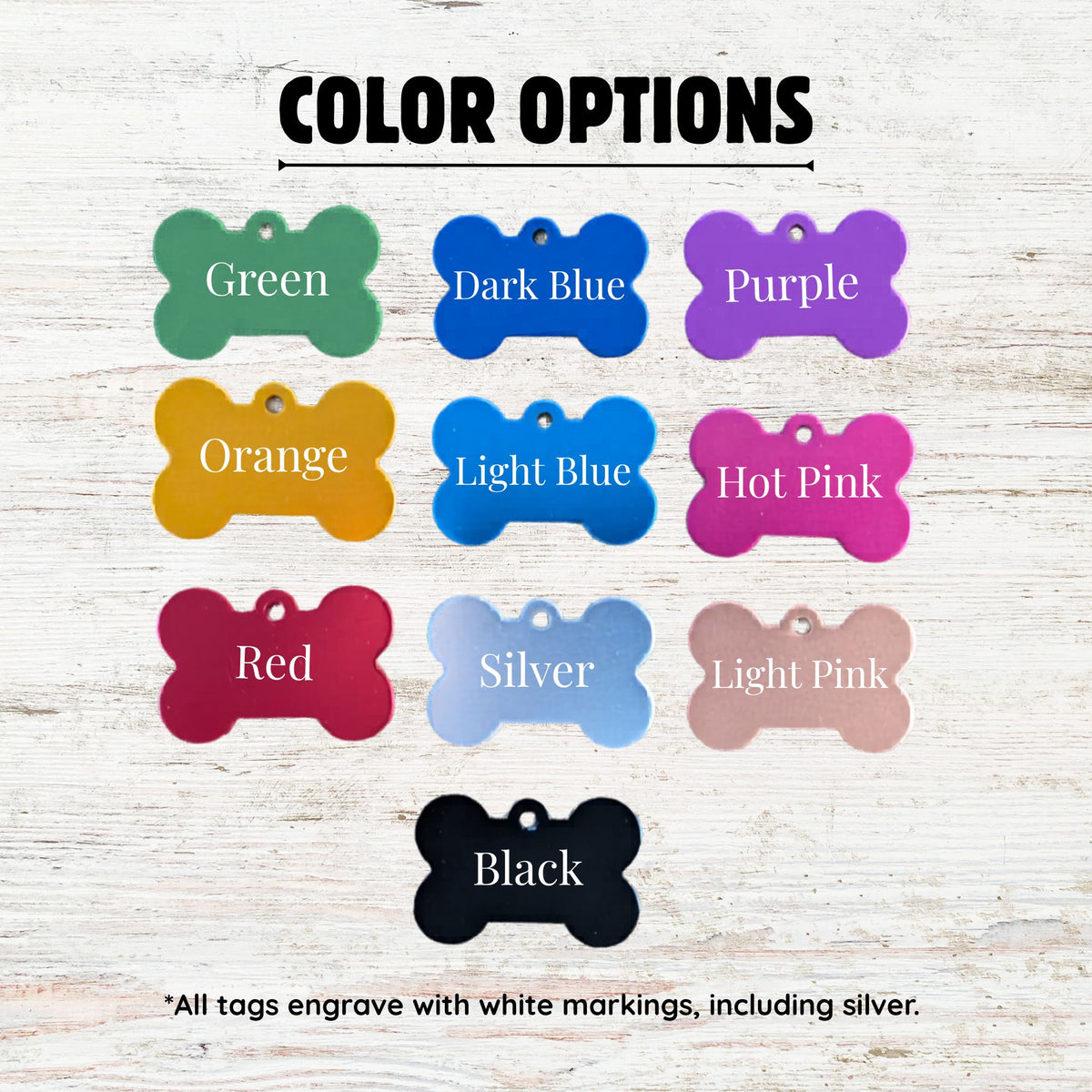 Color options for bone-shaped pet tags on a wooden background