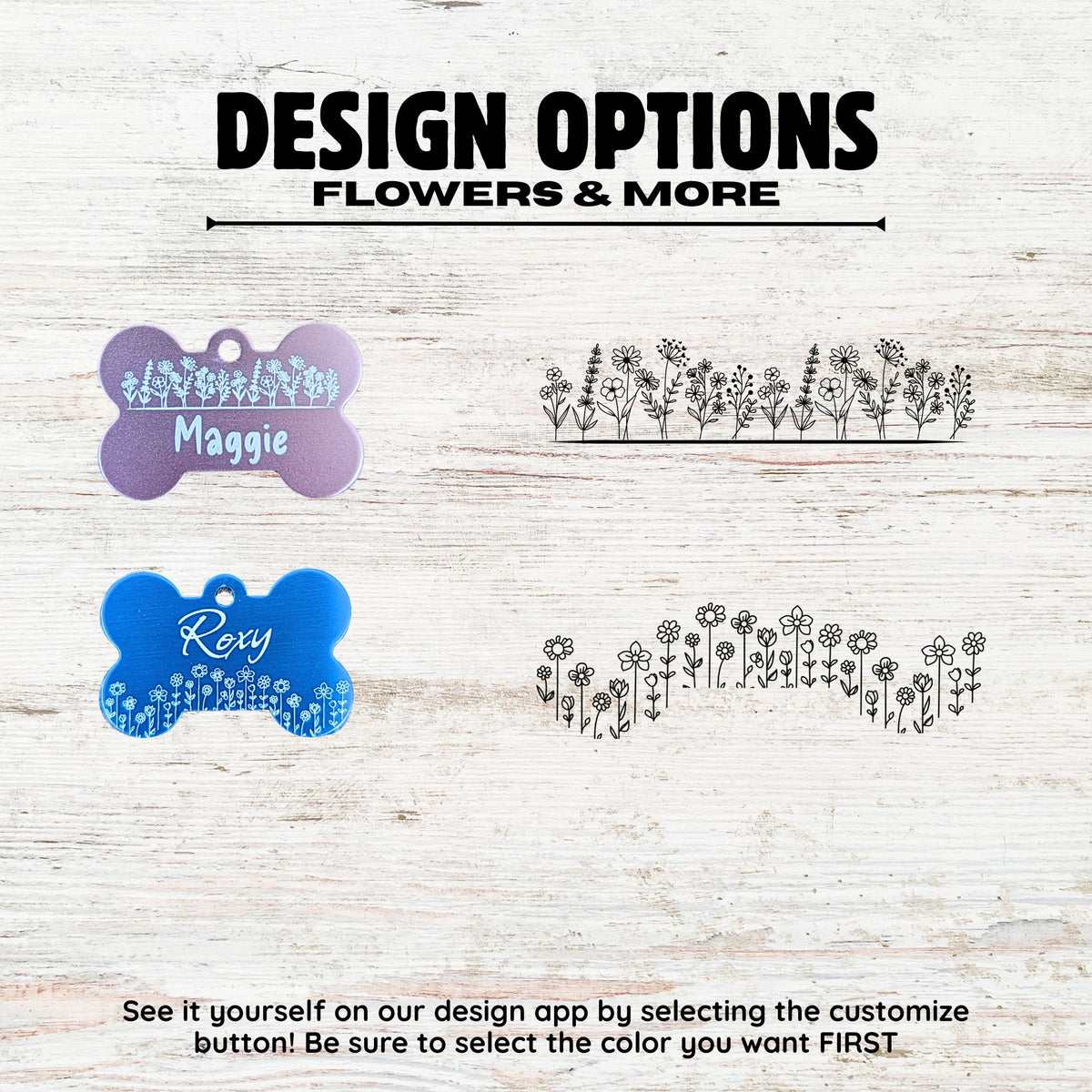 Design options for personalized pet tags with floral patterns and plain text on a wooden background.
