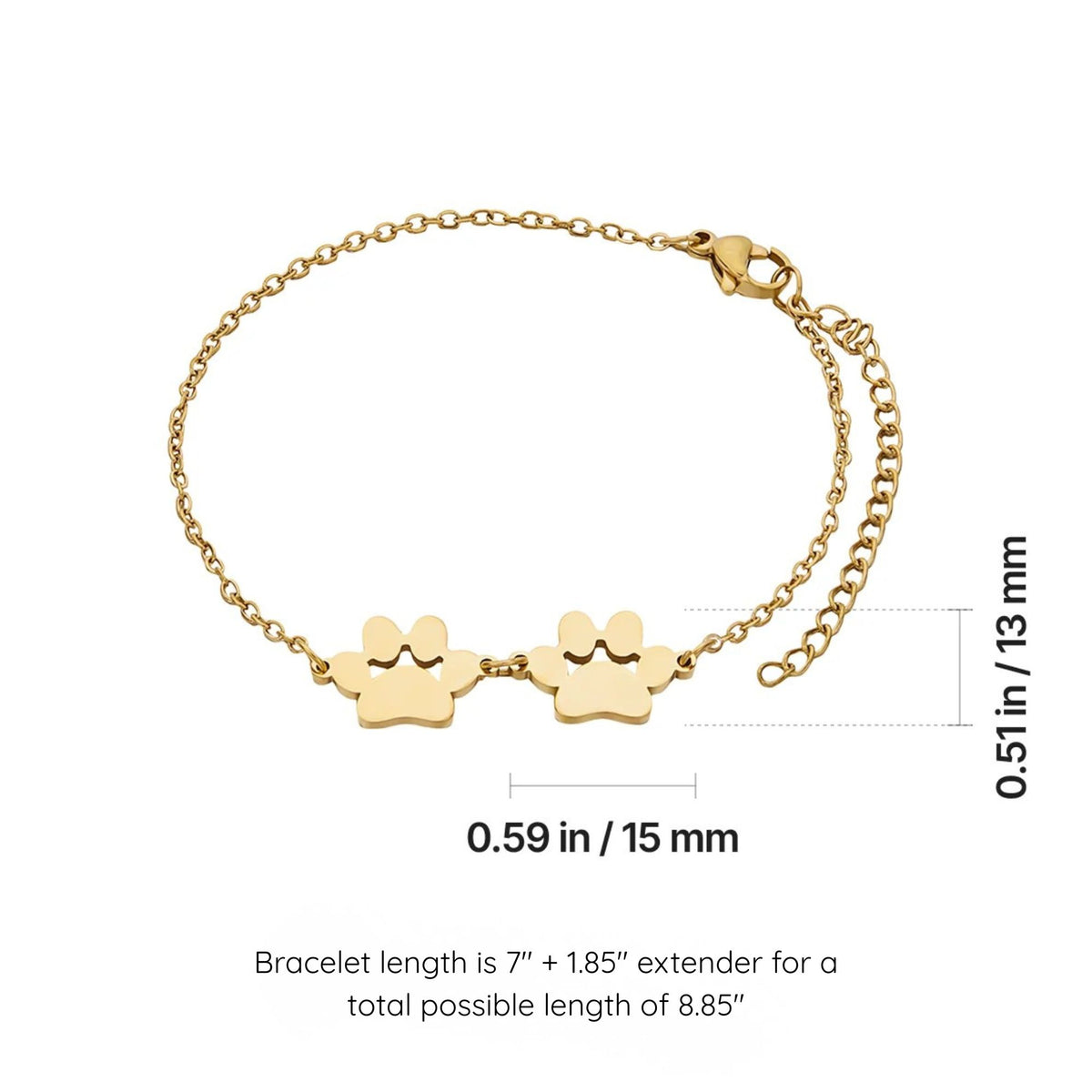 Gold chain bracelet with two small paw-shaped charms, shown on a white background with measurement annotations indicating the bracelet dimensions and total length.