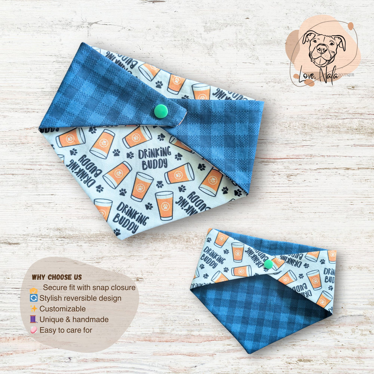 Two dog bandanas with different patterns on a wooden surface. One side features beer glasses, paw prints and the text 'drinking buddy'. The other side is a crisp blue checkered print