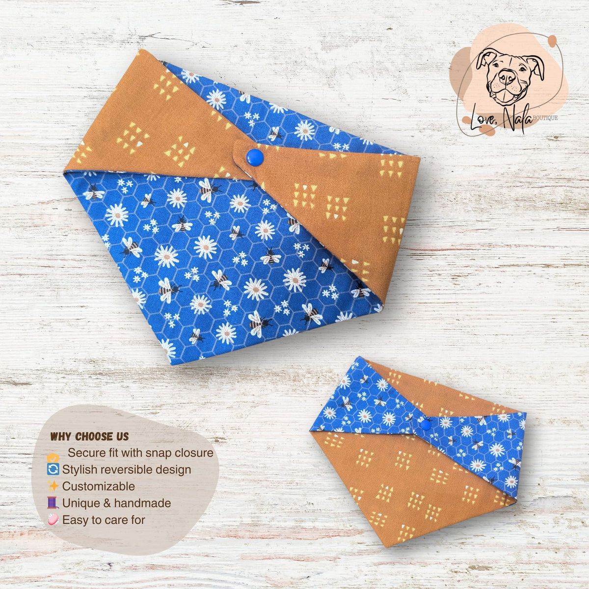 Two fabric pet bandanas, one blue with white floral and bee pattern, the other brown with orange triangles for a geometric look