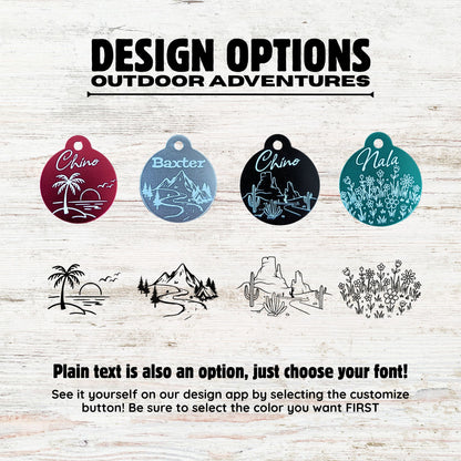 Set of customizable pet tags with outdoor-themed designs on a wooden background.
