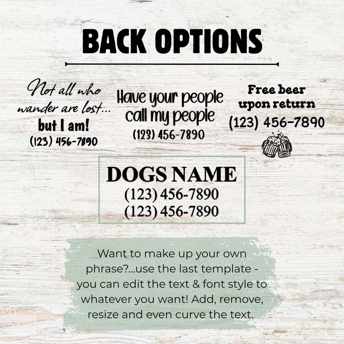 Text options for a product with customizable phrases and contact information on a light wood background.