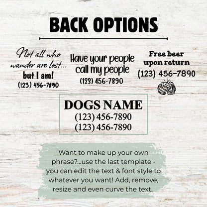 Text options for a product with customizable phrases and contact information on a light wood background.