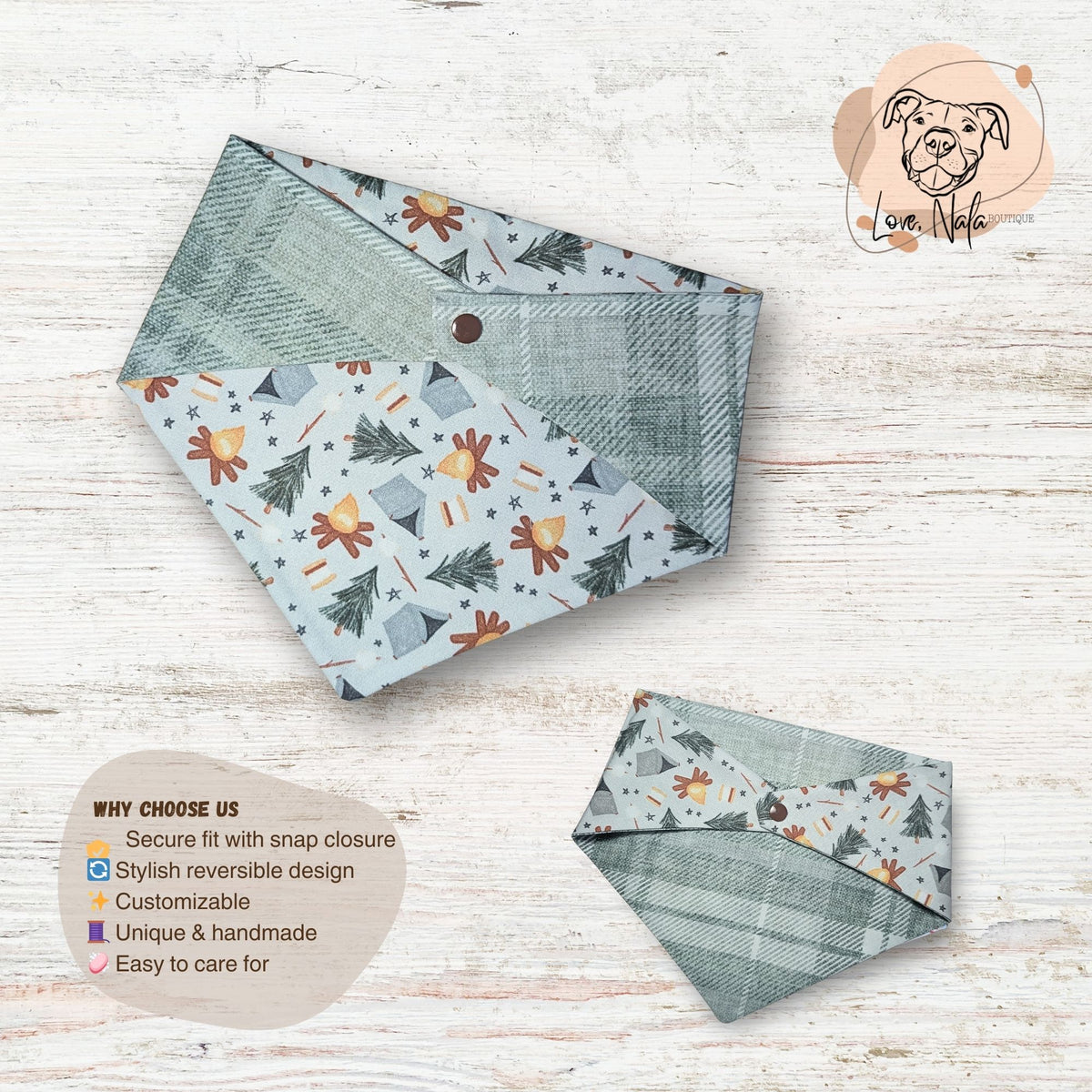 Reversible pet bandanas with outdoor elements such as a campfire, tent, pine tree and a green plaid pattern