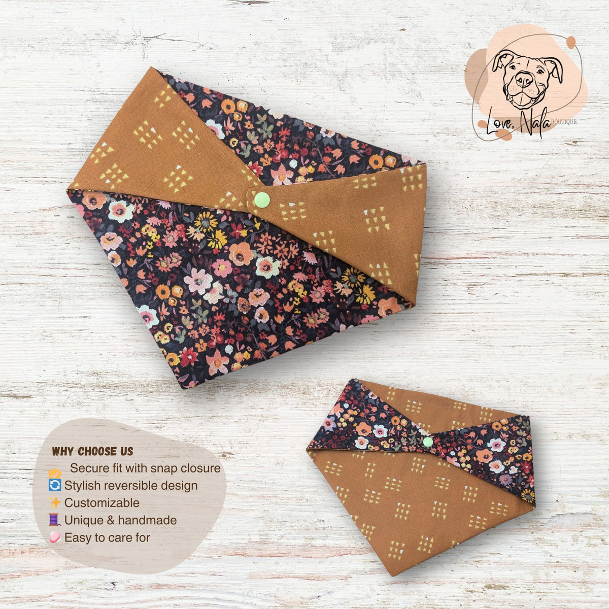 Fall floral and orange geometric patterned bandanas on a wooden surface with a dog brand logo.
