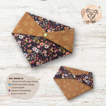 Fall floral and orange geometric patterned bandanas on a wooden surface with a dog brand logo.