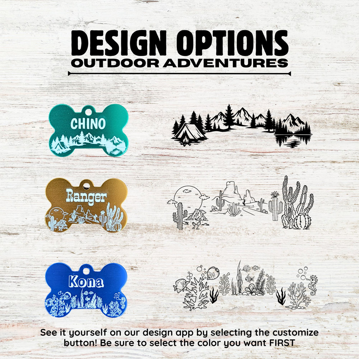 Various outdoor-themed pet name tags with designs on a wooden background.