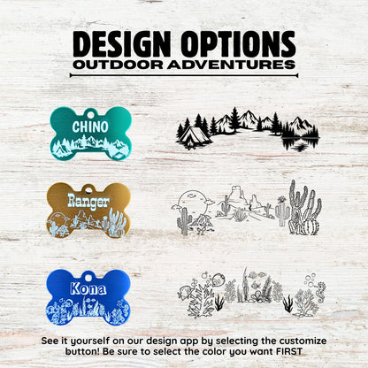 Various outdoor-themed pet name tags with designs on a wooden background.