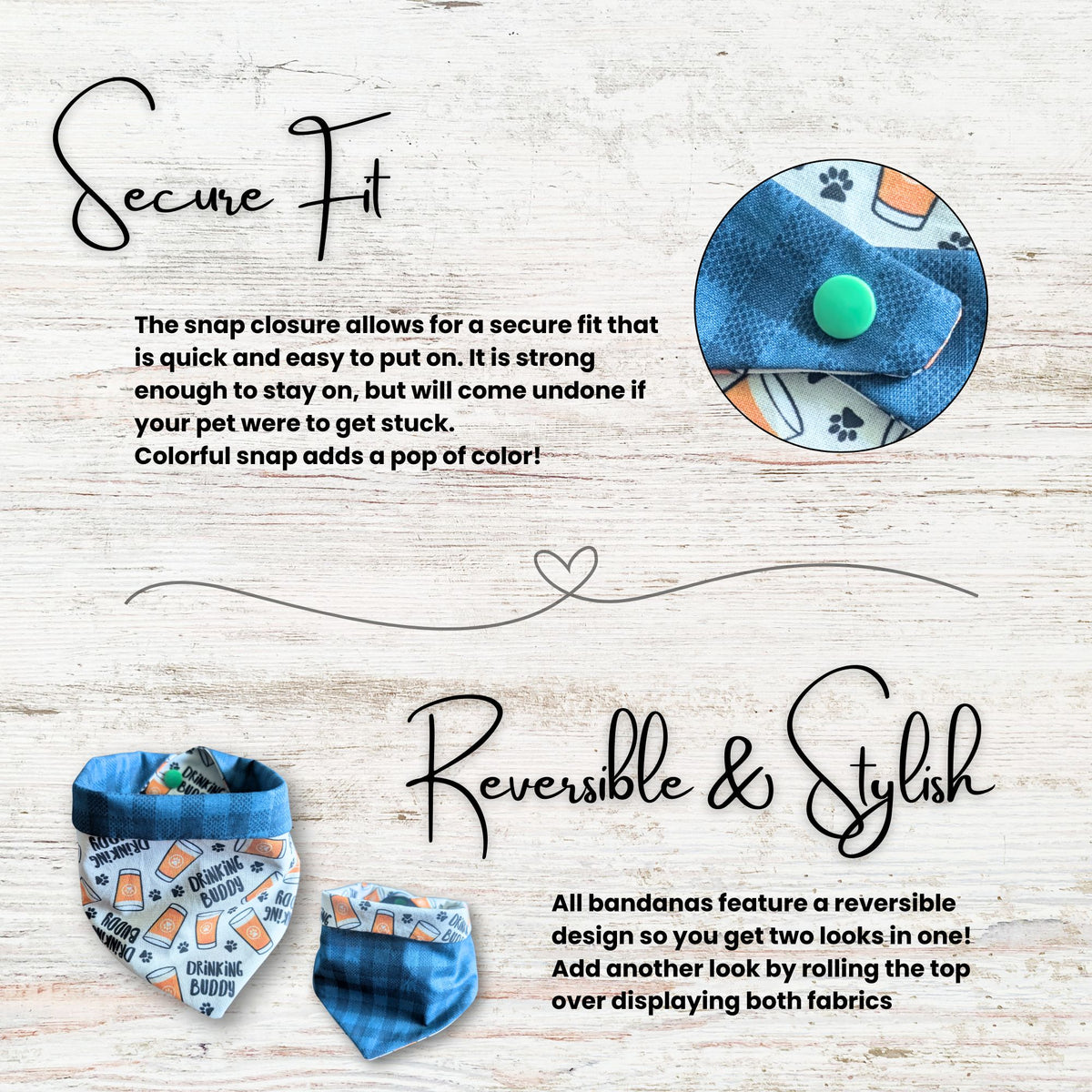 Reversible bandana with text on a wooden surface. The text describes the secure snap closure of the bandana, as well as its reversible feature 