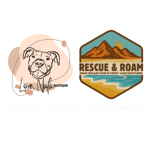 Two brand logos on a white background: on the left, a circular logo for Love, Nala Boutique featuring a black line art illustration of a dog's face over beige abstract shapes; on the right, a hexagonal Rescue & Roam dog gear logo with a mountain, sun, and beach scene in tan, blue, and brown tones. Below the logos, faint text reads 'Two Brands.