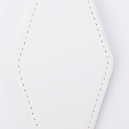 White leather keychain with metal clip on a white background