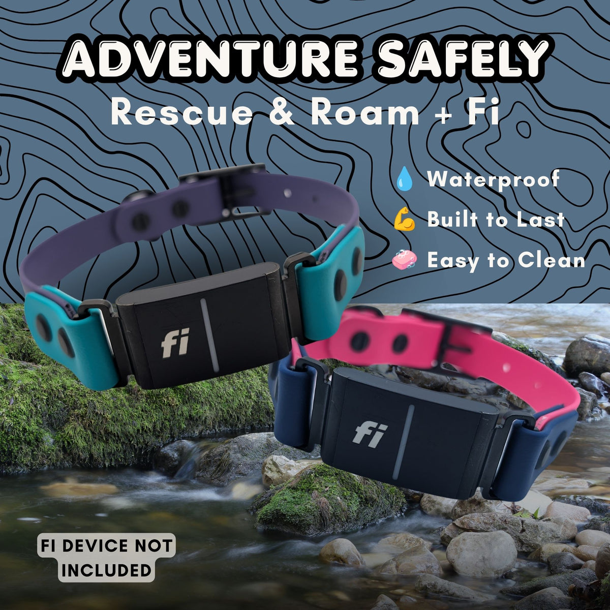 Two Rescue & Roam Fi compatible collars shown over a stream and mossy rocks, with large text reading 'ADVENTURE SAFELY Rescue & Roam + Fi' and feature callouts including waterproof, built to last, and easy to clean. One collar is purple with teal accents, and the other is pink with dark blue accents.