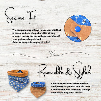 Reversible bandana with text on a light wooden background. The text explains that the bandana has a secure fit due to its snap closure, and that it is reversible allowing for many differing looks