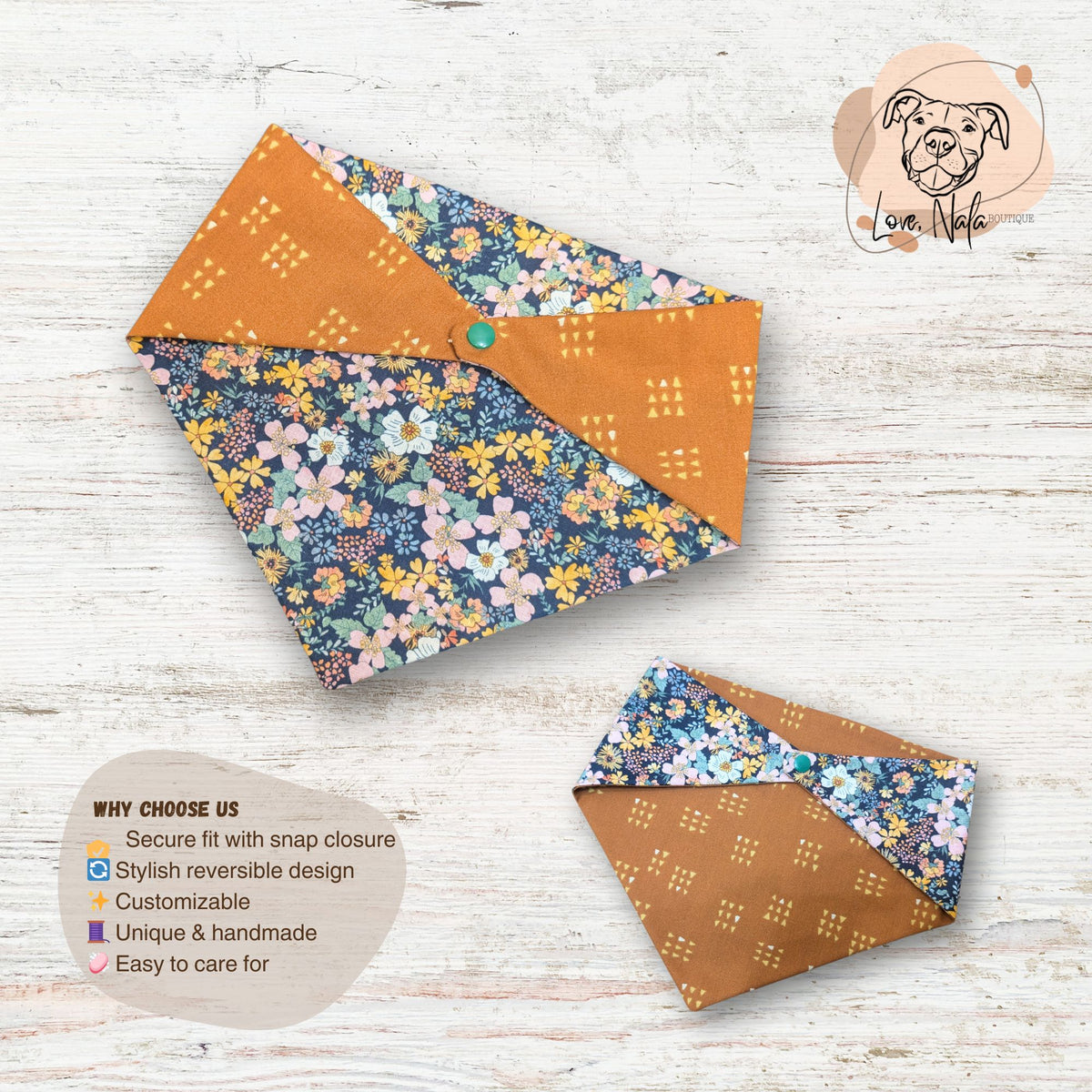 Floral and brown patterned pet bandanas on a light wooden surface with a dog illustration in the corner. The floral pattern is retro inspired and the orange side is geometric 