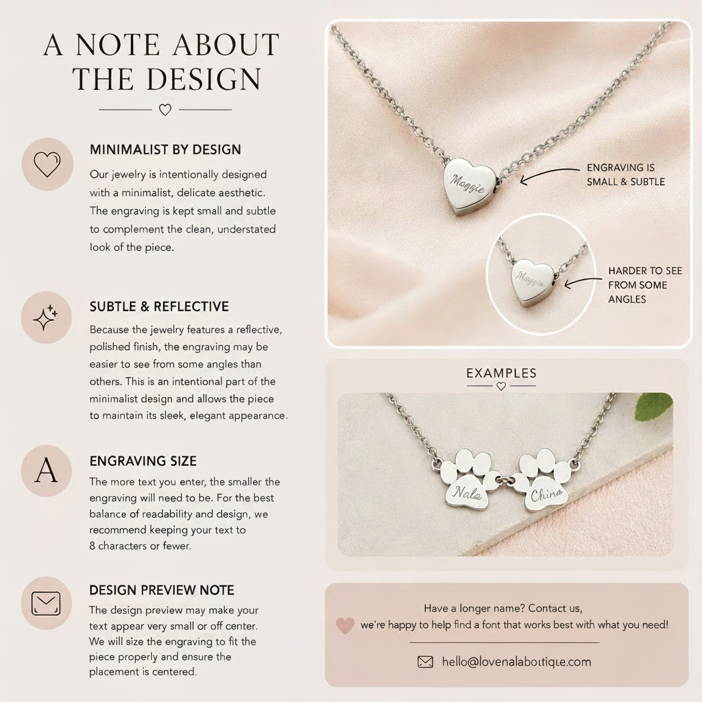 An informational product graphic for a delicate silver necklace with two small paw print charms spelling 'Nala + Chino'. The layout features a large close-up of the necklace on a soft pink fabric background, accompanied by text explaining the minimalist, subtle engraving design and customization options.