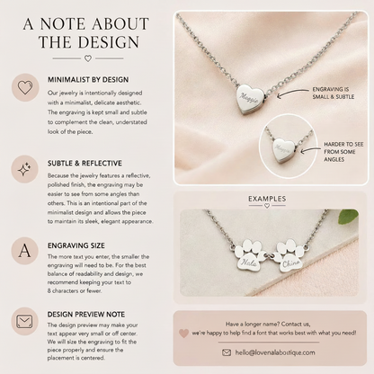An informational product graphic for a delicate silver necklace with two small paw print charms spelling 'Nala + Chino'. The layout features a large close-up of the necklace on a soft pink fabric background, accompanied by text explaining the minimalist, subtle engraving design and customization options.