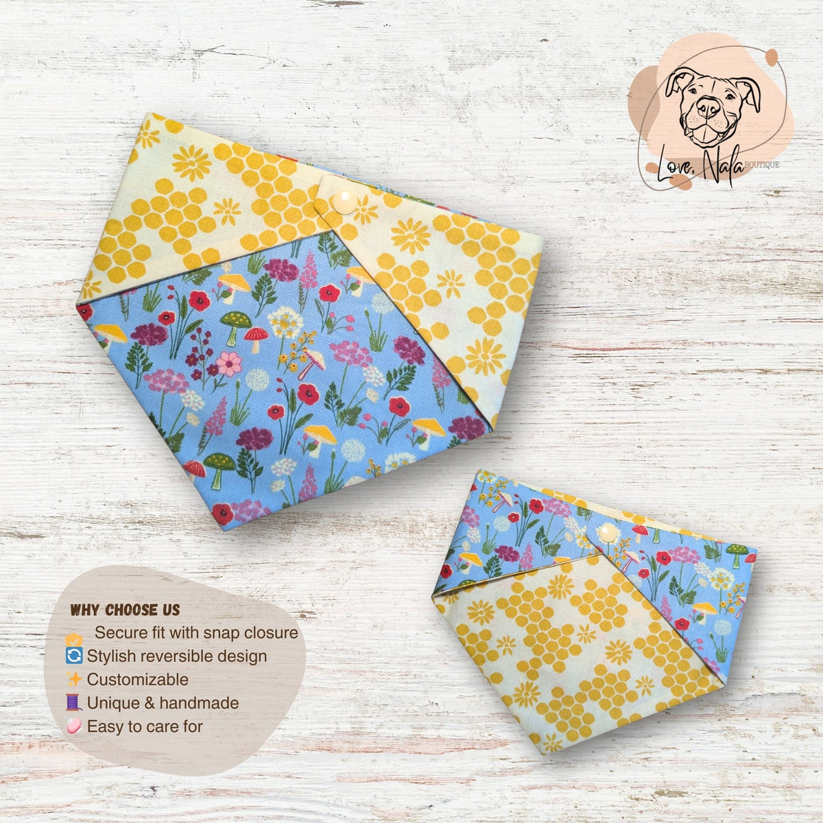 Two wildflower and mushroom pattern dog bandanas, with a honeycomb fabric on the reversible side. Love Nala Boutique logo in the corner