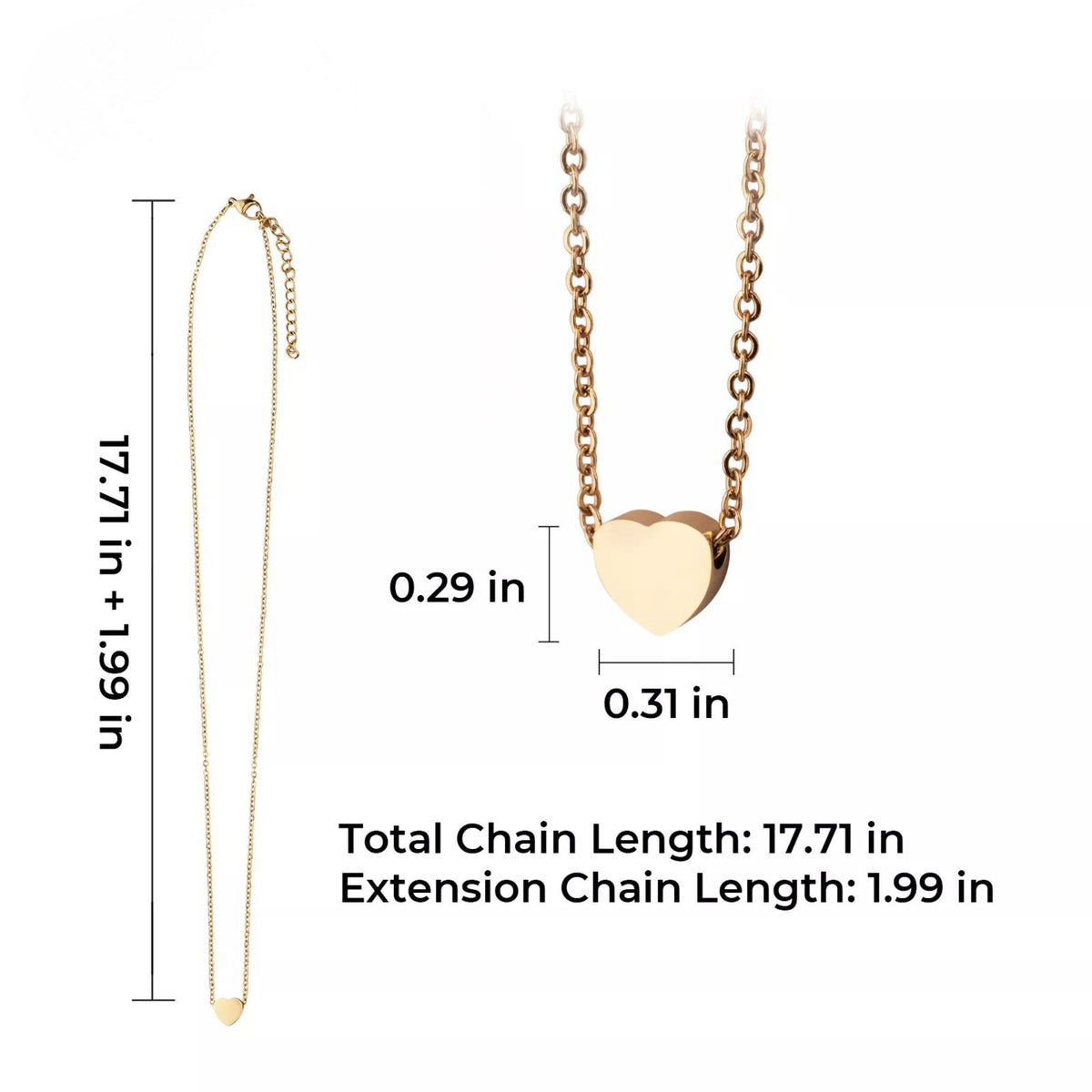 Gold heart pendant necklace shown on a white background with dimension labels: total chain length 17.71 in plus extension chain 1.