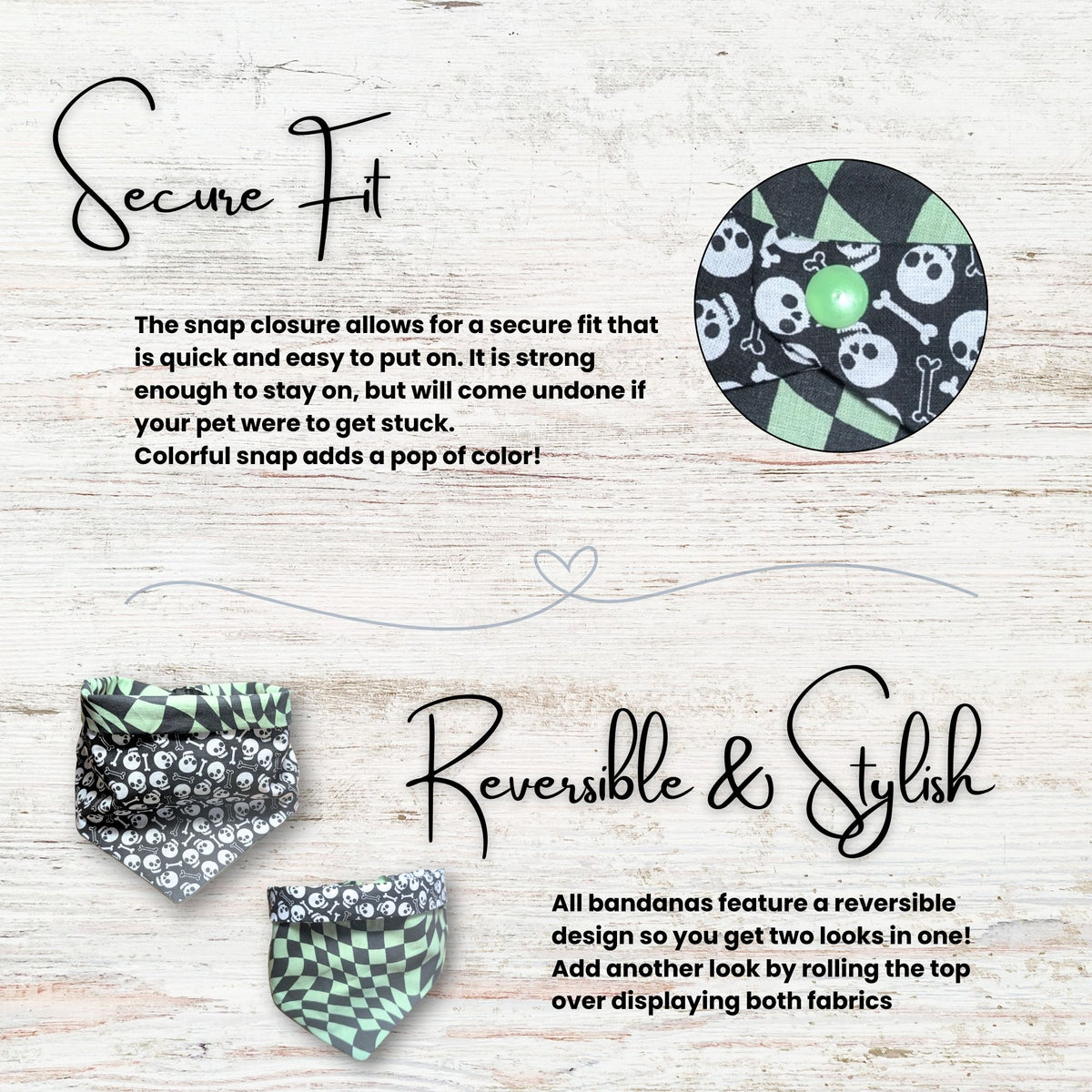 Reversible bandana with text describing secure fit and reversible design on a light wooden background.