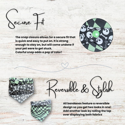 Reversible bandana with text describing secure fit and reversible design on a light wooden background.
