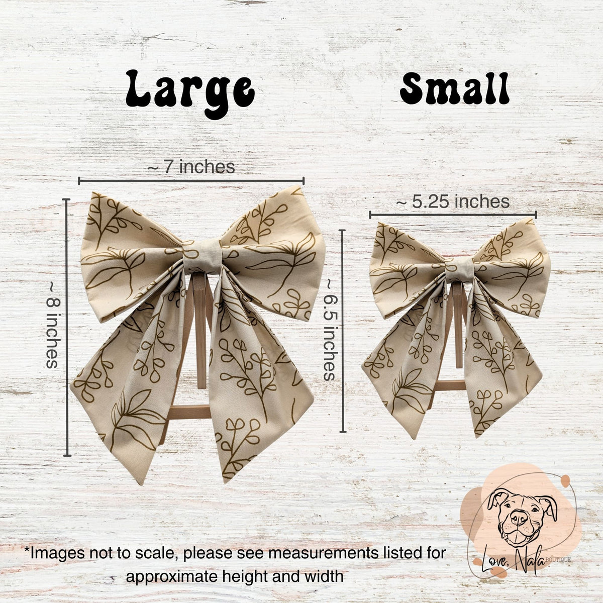 Two pet sailor bows with measurements labeled for large and small sizes on a wooden background. The fabric is a neutral tan color with botanical leaves as the pattern