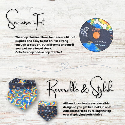 Reversible bandana with colorful design on a wooden surface, featuring text about secure fit and reversibility.  text explains the secure fit of the bandana with its snap closure, and its reversible feature