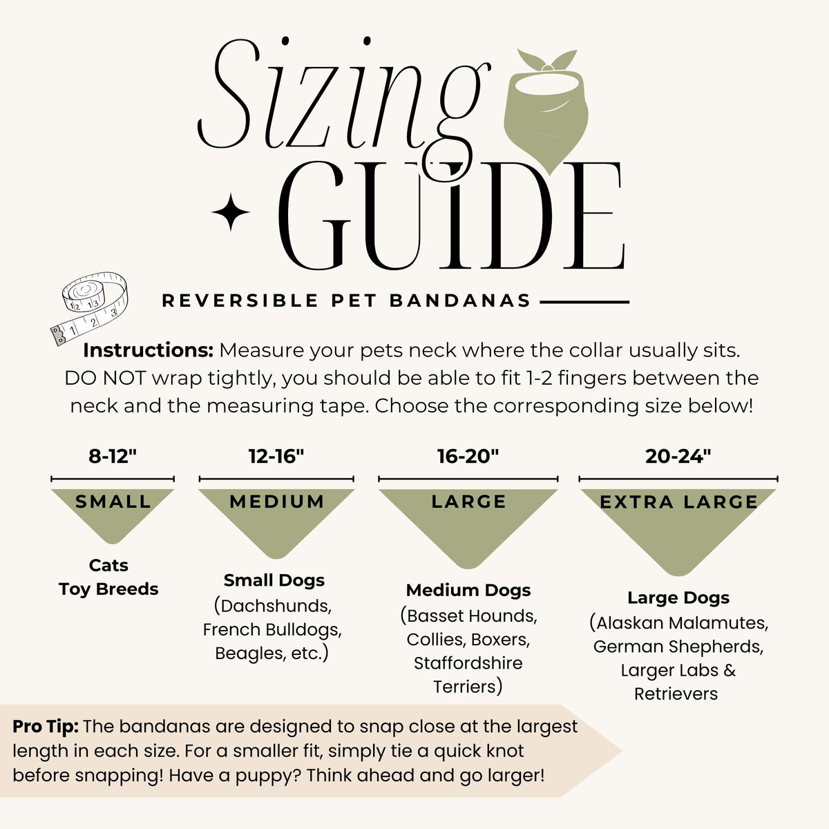 Sizing guide for reversible pet bandanas with measurements for cats, small, medium, and large dogs.
