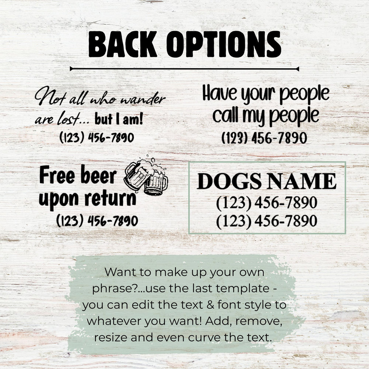 Collection of customizable text options on a wooden background