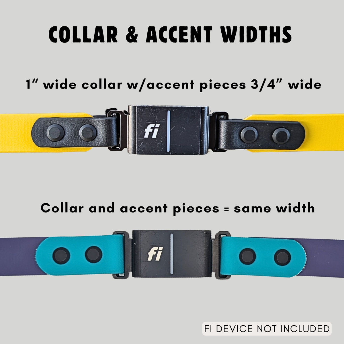 A product information graphic showing two Fi compatible biothane collars with black hardware and text reading 'COLLAR & ACCENT WIDTHS.' The top collar is yellow with black accents and is labeled 1" wide collar w/accent pieces 3/4" wide. The bottom collar is purple with teal accents that are equal widths.
