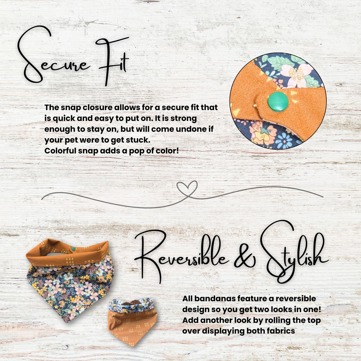 Reversible bandana with a retro inspired floral and brown design on a light wooden background. text explains the secure fit of the bandana with its snap closure, and its reversible feature