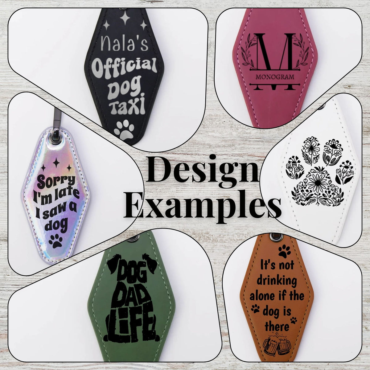 A product information graphic showing six black leather-look text and paw-print designs on a whitewashed wood background