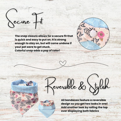 Reversible bandana with floral and blue patterns on a light wooden background, featuring text about secure fit and reversibility.
