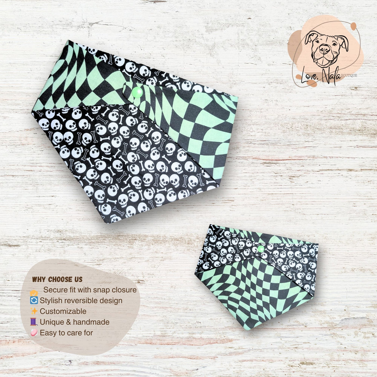 Two dog bandanas with skull and checkered patterns on a wooden surface, with a brand logo in the corner.