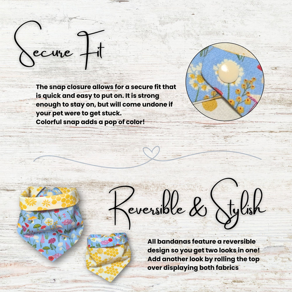 Reversible bandana with floral design on a wooden background, featuring text about secure fit and reversibility.