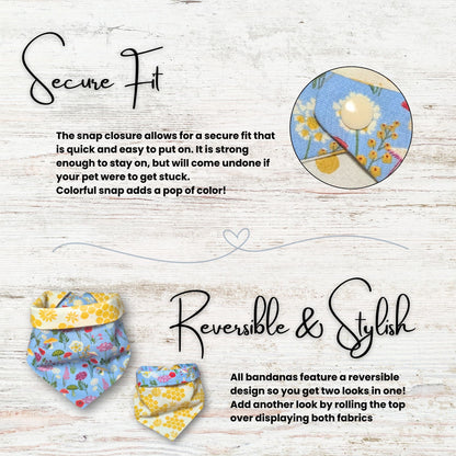Reversible bandana with floral design on a wooden background, featuring text about secure fit and reversibility.