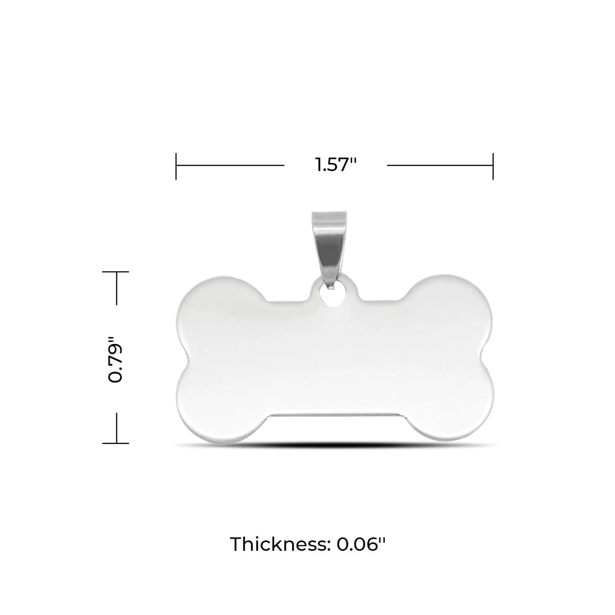 Stainless Steel bone-shaped pendant/pet id tag with dimensions on a white background