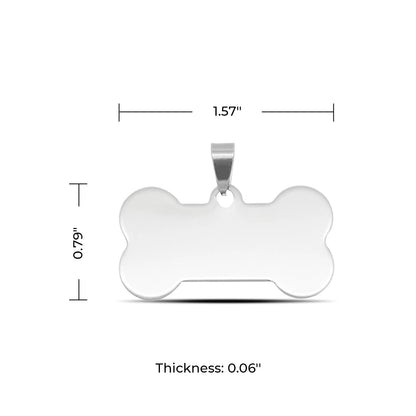 Stainless Steel bone-shaped pendant/pet id tag with dimensions on a white background