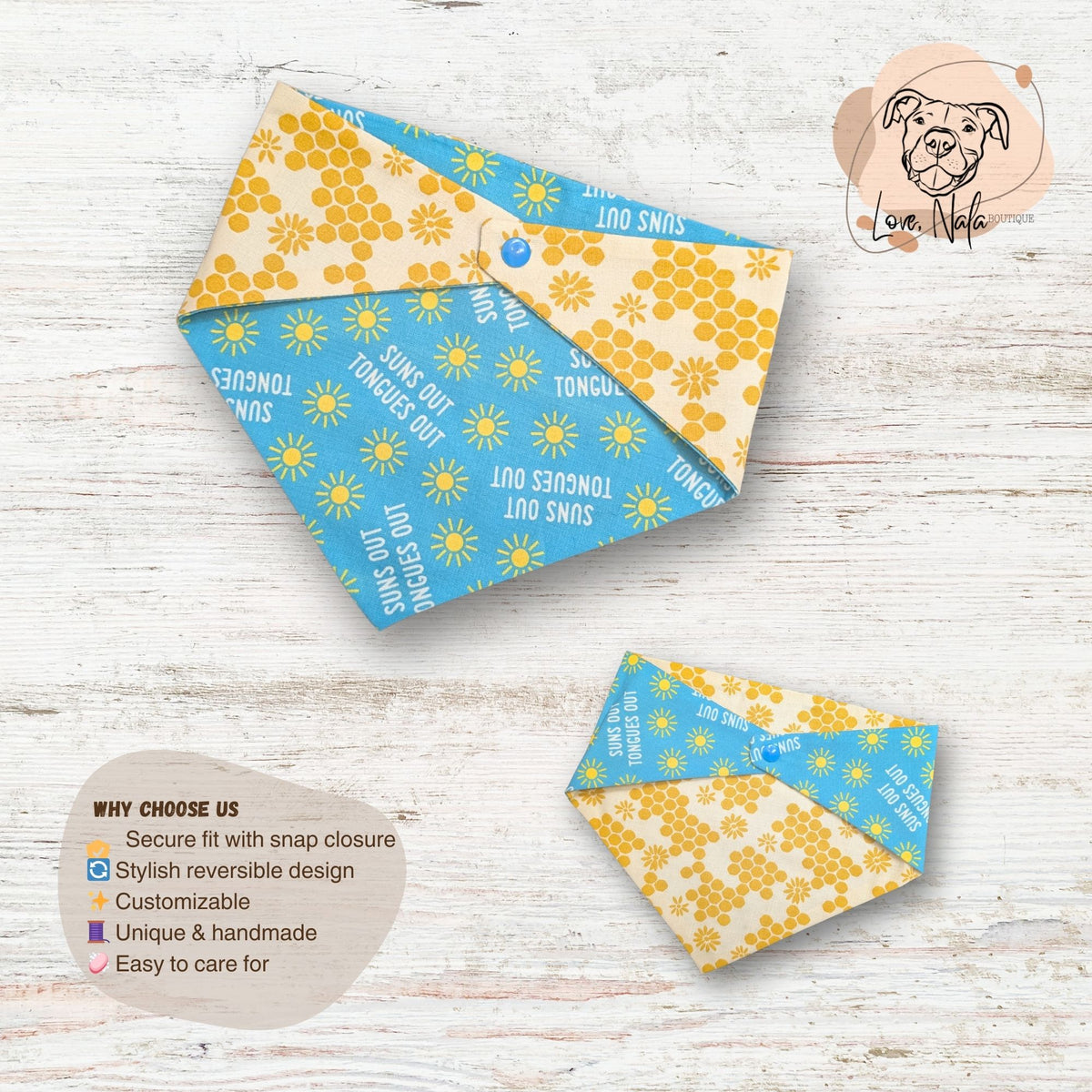 Two dog bandanas with blue and yellow patterns on a wooden surface.
