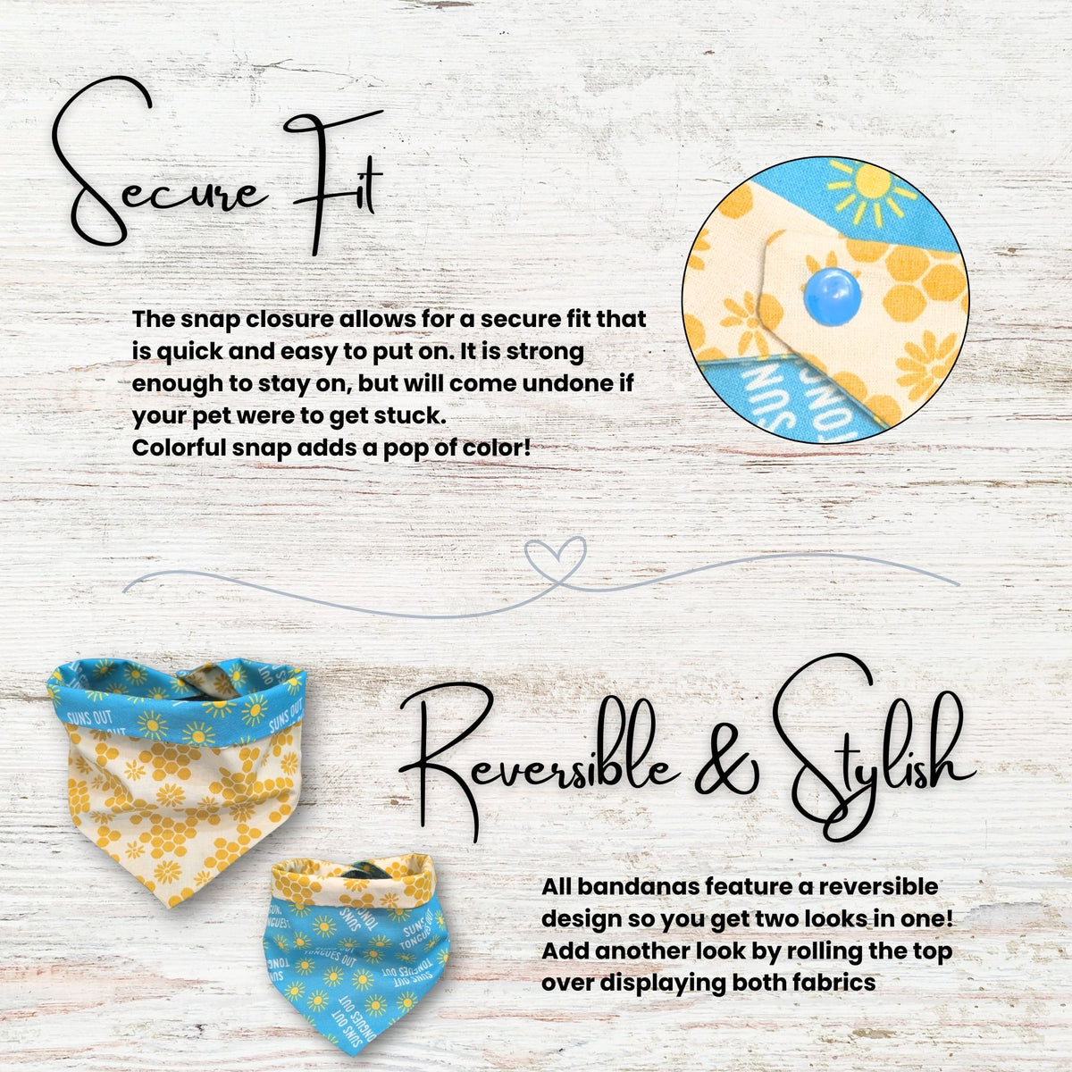 Pet bandanas with reversible designs on a wooden surface, featuring text about secure fit and reversibility.
