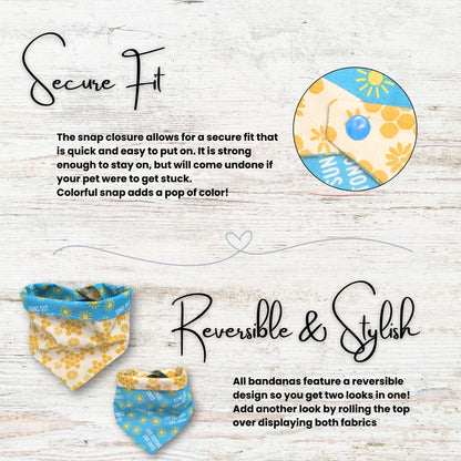 Pet bandanas with reversible designs on a wooden surface, featuring text about secure fit and reversibility.