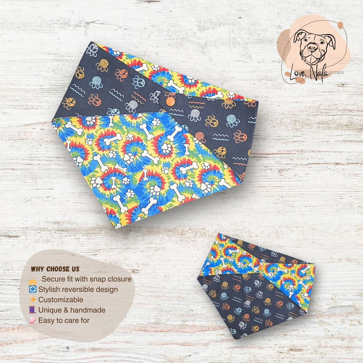 Dog bandanas with colorful tie dye patterns on a wooden surface and a Love Nala Boutique logo