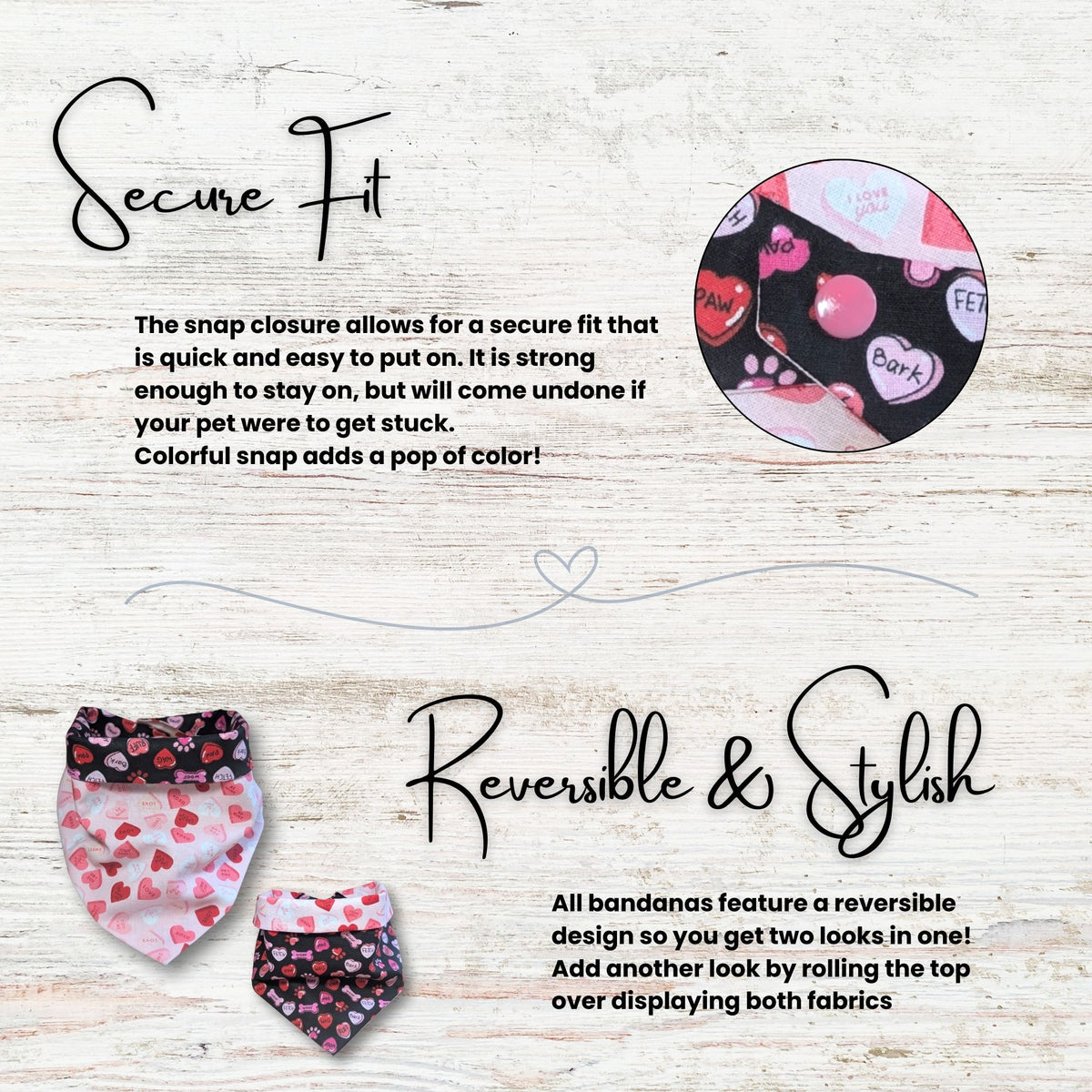 Reversible bandana with heart pattern on a wooden surface, featuring text about secure fit and reversibility. 