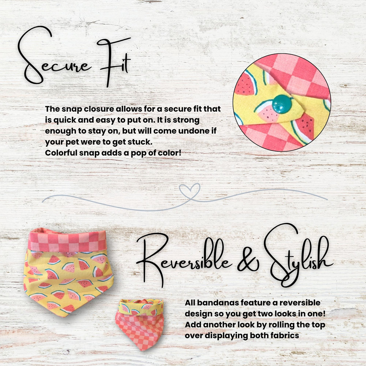 Reversible bandana with colorful design on a wooden surface, featuring text about secure fit and reversibility.  text explains the secure fit of the bandana with its snap closure, and its reversible feature