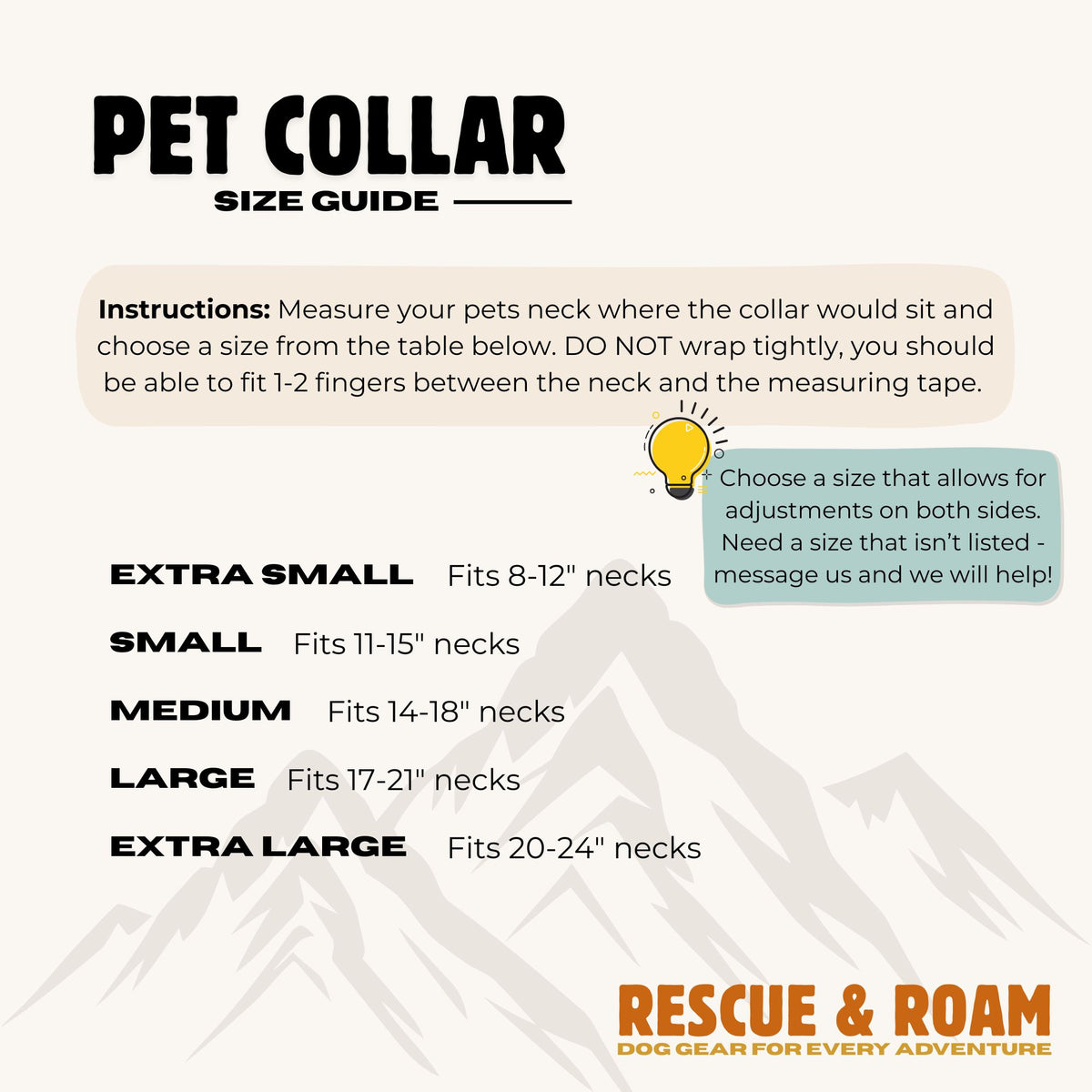 Pet collar size guide with measurement instructions and brand name 'Rescue & Roam'.